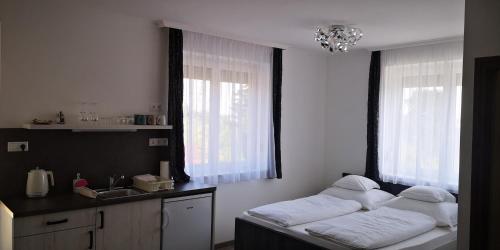 a bedroom with a bed and a sink and two windows at Szabó Vendégház in Villány