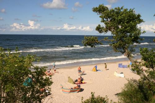 a group of people on a beach near the ocean at Ośrodek Wypoczynkowy Wielki Błękit in Łukęcin