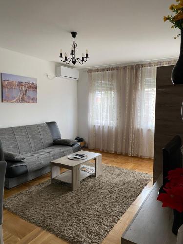 a living room with a couch and a table at Apartmani CENTAR Vrnjacka Banja & Free Parking in Vrnjačka Banja
