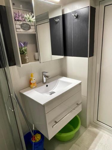 een badkamer met een witte wastafel en een spiegel bij Апартамент La Тerrasse in Boergas