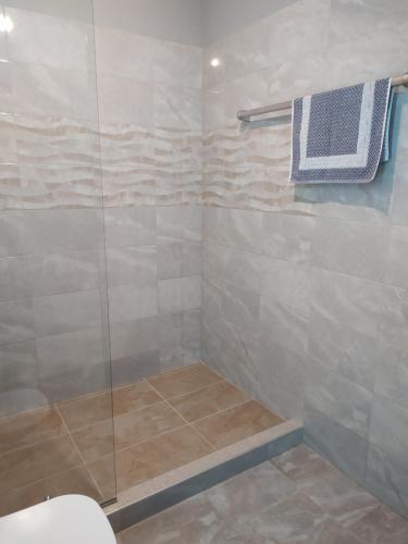 a bathroom with a shower with a glass door at SmallHotel - Vevi in Vévi