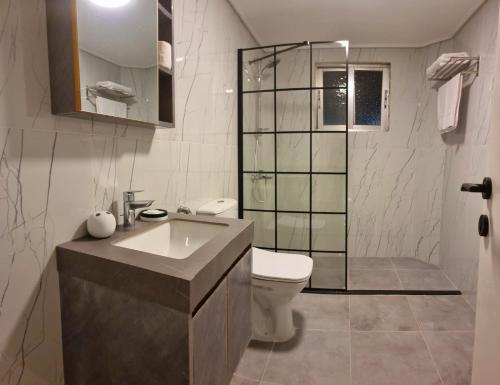 ein Bad mit einem WC, einem Waschbecken und einer Dusche in der Unterkunft Byblos Deluxe in Aqaba