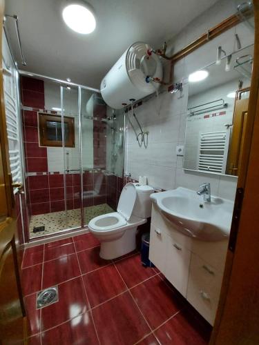 a bathroom with a toilet and a sink and a shower at Guest House Trojani in Lëpushë