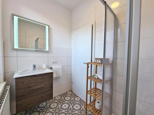 a bathroom with a sink and a shower with a mirror at Hotel Gleis 3viertel Jena in Jena