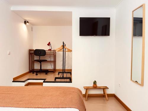 a bedroom with a bed and a television on a wall at Alta apartments in Coimbra