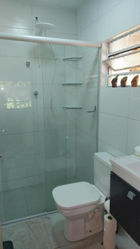 a bathroom with a toilet and a glass shower at Recanto Águas Claras in Soledade de Minas