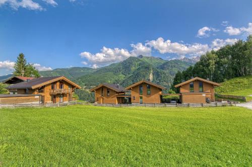 a group of houses in a field with mountains in the background at Ski-in Ski-out Chalet Maiskogel 13A - by Alpen Apartments in Kaprun