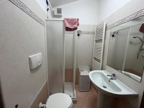 ein Bad mit einem Waschbecken, einem WC und einer Dusche in der Unterkunft Casa Vacanze Vecchio Frantoio Residenza Leccino in Spoleto