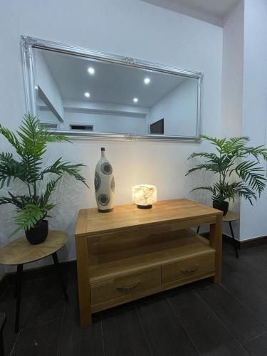 a room with a table with a mirror and two plants at DREAM RAMBLA in Santa Cruz de Tenerife