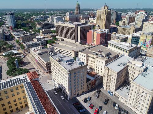 an aerial view of a city with tall buildings at Hotel Gibbs Downtown Riverwalk in San Antonio
