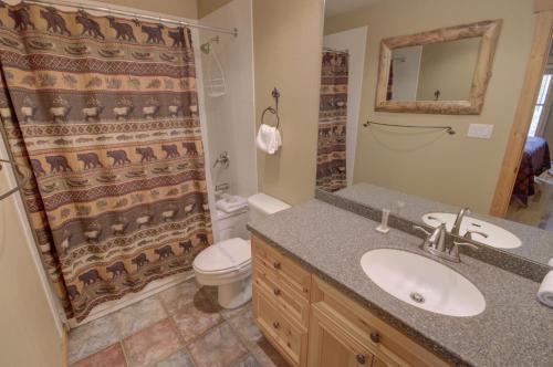 ein Bad mit einem Waschbecken, einem WC und einer Dusche in der Unterkunft Tenderfoot Lodge 2613 in Keystone