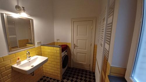 La salle de bains est pourvue d'un lavabo et d'un lave-linge. dans l'établissement Designerwohnung Berlin Mitte, à Berlin