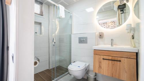 La salle de bains est pourvue d'une douche, de toilettes et d'un lavabo. dans l'établissement Kafkas Hotel, à Antalya
