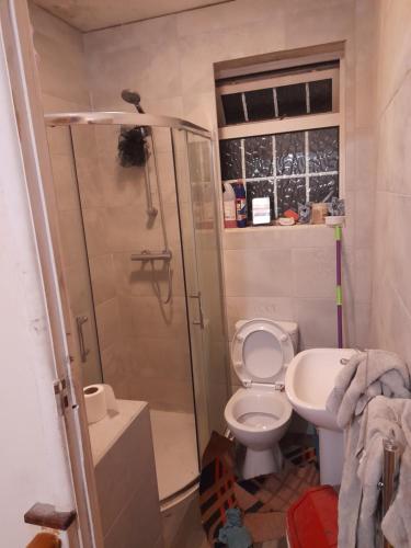 a small bathroom with a toilet and a shower at Zoom in Portsmouth
