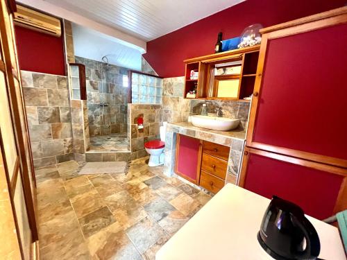 a bathroom with a shower and a sink and a toilet at Papeete happiness pool and spas in Papeete