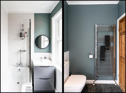 two pictures of a bathroom with a toilet and a sink at Merton House - Entire Modern City Centre Home in Leicester