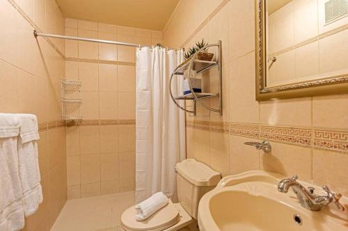 uma casa de banho com um lavatório, um WC e um chuveiro em Palma Divine Condo-2BR-2BTH-Pool em Noord