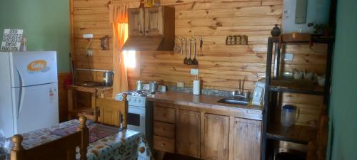 Aires del Montura في أوسبالاتا: مطبخ بجدران خشبية وثلاجة وموقد