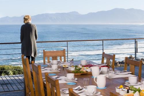 a woman standing on a balcony looking out at the ocean at Whalesong Lodge in Gansbaai