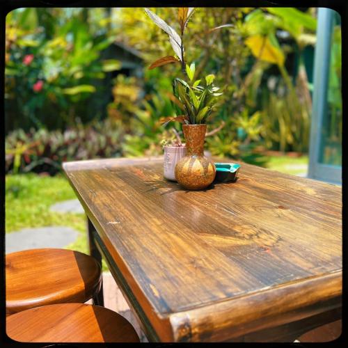 a wooden table with a plant in a vase on it at The Happy Bird B&B in Hoi An