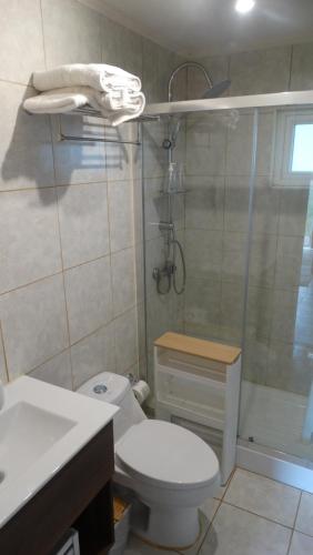 uma casa de banho com um WC e um chuveiro em Parcela Parulus em Valdivia