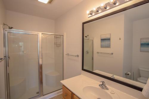 a bathroom with a shower and a sink and a mirror at Havens Rest in Valle Crucis