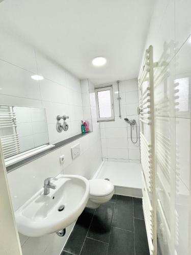 een witte badkamer met een toilet en een wastafel bij City Loft in Toplage Mainz-Kastel in Wiesbaden