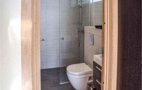 uma pequena casa de banho com WC e chuveiro em Lovely Home In Geilo With Kitchen em Dagali
