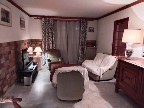 a living room with a couch and a tv at Maison spacieuse, simple, familiale et chaleureuse, Gîte in Malay-le-Grand