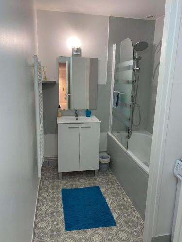 une salle de bain avec un lavabo, une douche et une baignoire dans l'établissement QUAI 65 , 3 pièces sur le port, à 250 m de la rue piétonne et de la mer, à Dieppe