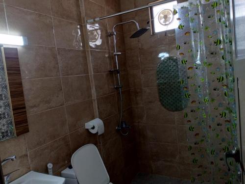 y baño con ducha, aseo y cortina de ducha. en family studio en Wadi Musa