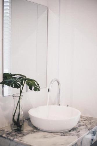 a bathroom with a sink and a plant on a counter at Shunli Hotel - SHA Extra Plus in Phuket Town