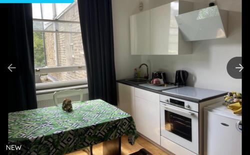 a small kitchen with a table with a cat sitting on it at Cedar House in London