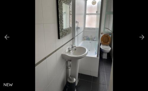 a bathroom with a sink and a toilet at Cedar House in London
