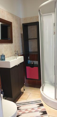 a bathroom with a sink and a shower and a toilet at Bienvenue chez Lilaroma in Mérignac