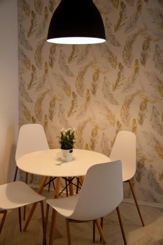 a table with three chairs and a potted plant on it at Apartamentos GADIR CENTRO in Cádiz