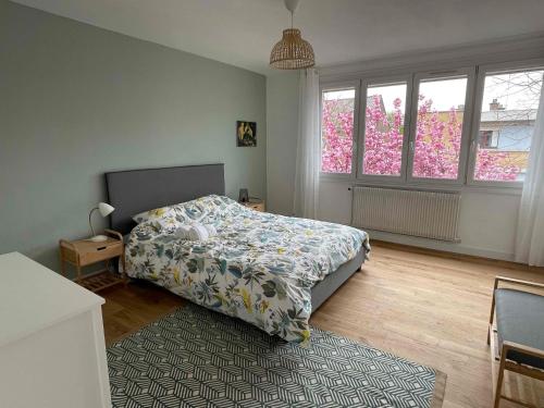 a bedroom with a bed and two windows and a rug at La chambre jaune maison avec grande terrasse et garage privé in Lille