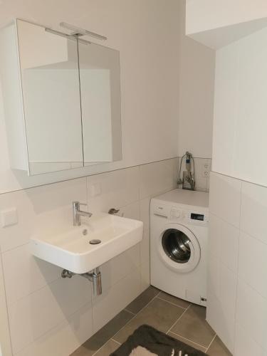 a bathroom with a sink and a washing machine at Nr 1 Ferienwohnung am Teutoburger Wald 