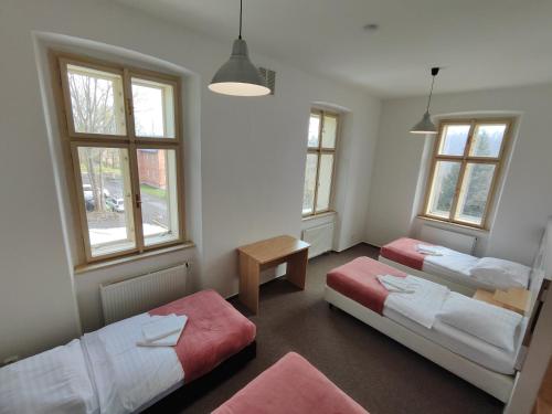 een kamer met 2 bedden en 2 ramen bij Hotel Stará Škola in Mezná
