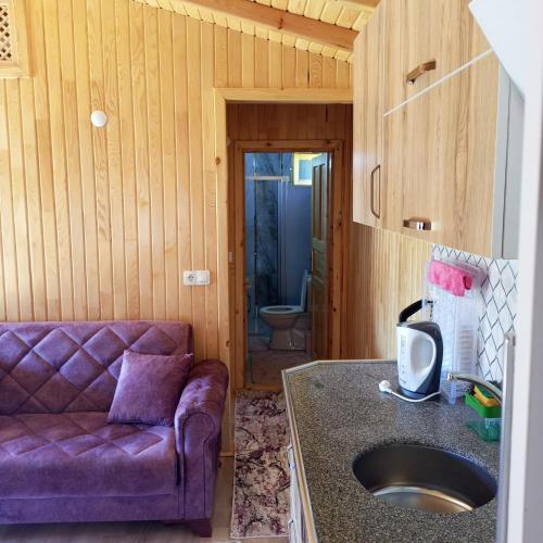 a living room with a purple couch and a sink at Fidelya Bungalow Evleri in Adrasan