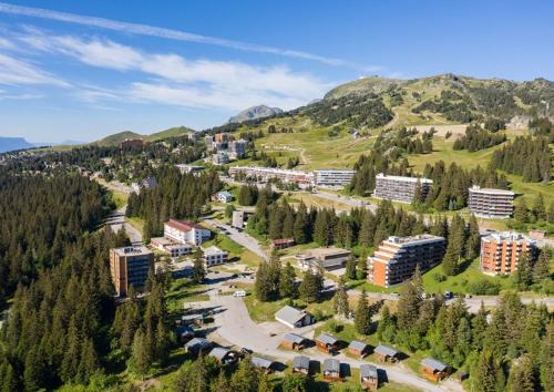 widok miasta z lotu ptaka, z drzewami i budynkami w obiekcie Appartement 2 chambres 5/7 pers proche centre commercial avec piscine w mieście Chamrousse