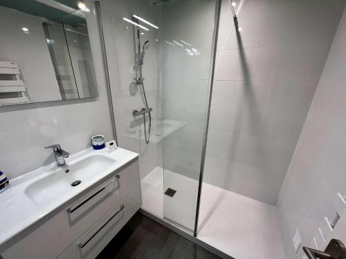 une salle de bain blanche avec une douche et un lavabo dans l'établissement Quiberon - Appartement 2 pièces - 3 pers - Animaux acceptés - FR-1-478-81, à Quiberon