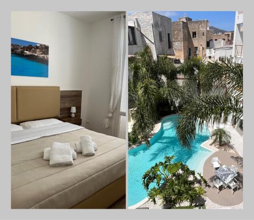 - une chambre avec un lit et une piscine dans l'établissement Tra le nuvole, à Favignana