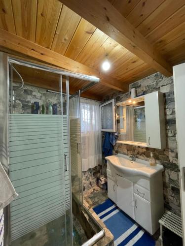 a bathroom with a shower and a sink at Popi's House in Pentati