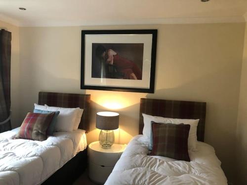 ein Schlafzimmer mit 2 Betten und einem Bild an der Wand in der Unterkunft ' High Tor House, a taste of paradise on Harris ' in Tarbert