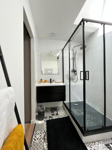 a bathroom with a glass shower and a sink at Nuits paisibles in Aubière