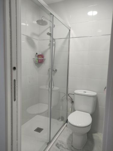 a bathroom with a toilet and a glass shower at Apartamento vacacional máximo 4 personas in Novo Sancti Petri