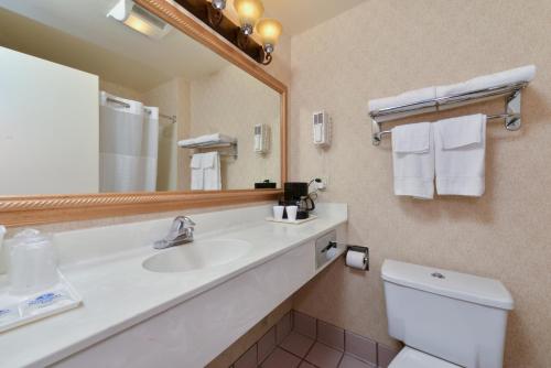 a bathroom with a sink and a toilet and a mirror at Americas Best Value Inn San Jose in San Jose