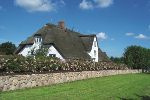 a thatched house with a stone wall and some flowers at Föhrienhaus in Midlum