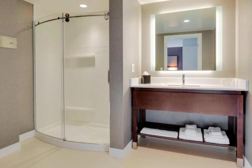 uma casa de banho com um lavatório e um chuveiro em Residence Inn by Marriott Bangor em Bangor